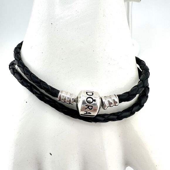 Pandora 925 Sterling Silver Black Braided Leather Wrap Charm 16” Bracelet - Picture 1 of 7